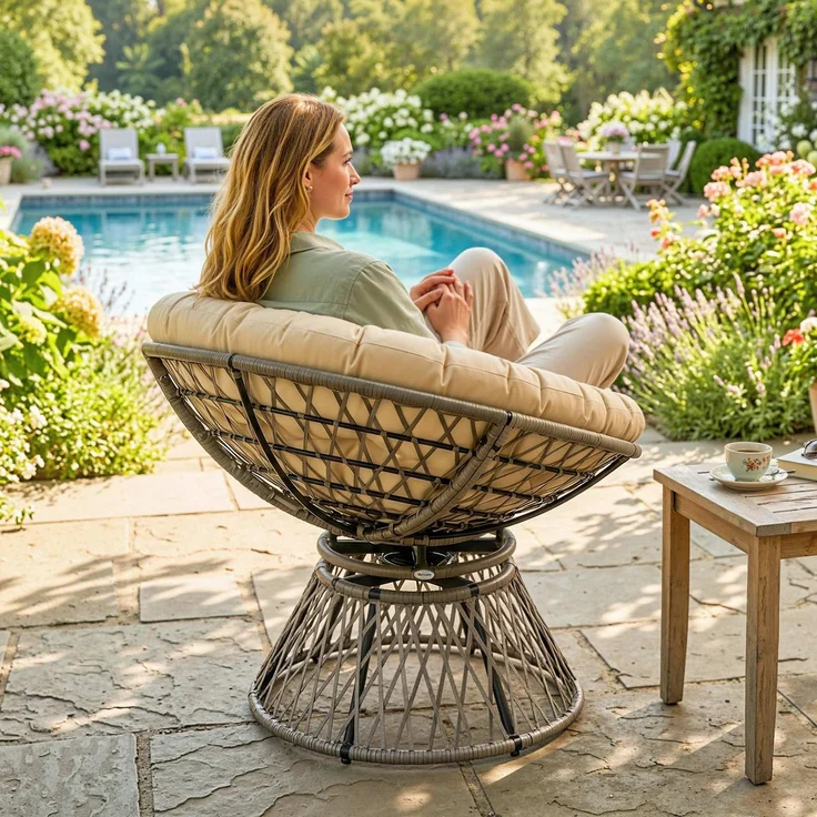 Runder Gartensessel, drehbarer Papasan-Sessel, Ø 97 x 90H cm, großes Kissen im Lieferumfang enthalten, Polyester-Geflecht – Bild 10