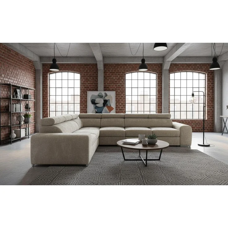 Wohnero24 Ecksofa L-Form PAVONE 5 330x260 cm – großes Chenille Sofa Beige mit Schlaffunktion 190x125 cm & Bettkasten, verstellbare Kopfstützen – Bild 2