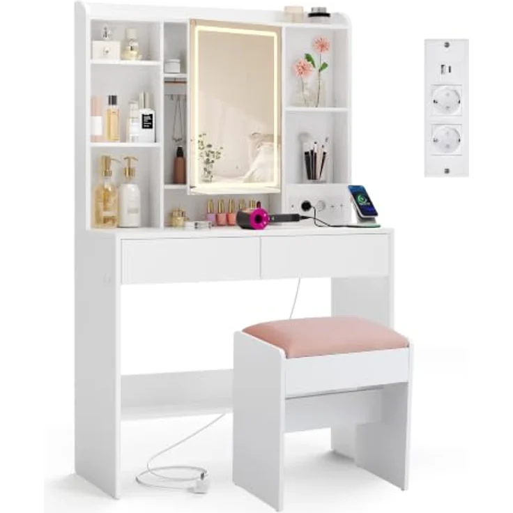 VASAGLE Schminktisch mit Beleuchtung und Hocker Set | Moderner Kosmetiktisch mit Steckdosen, Organizer und 3 Lichtfarben, für Schlafzimmer, KAILYN Kollektion RDT143WB01-02 – Bild 1