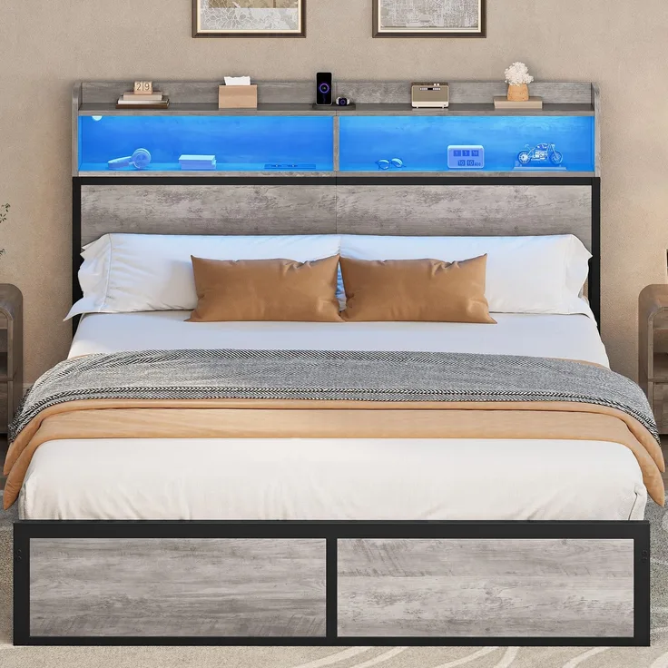 YITAHOME Bettgestell LED mit Kopfteil USB-Anschlüsse und Ladeausgänge Metallplattform-Bettgestell mit 2 Regalböden,Keine Matratze erforderlich,Braun 200X180CM