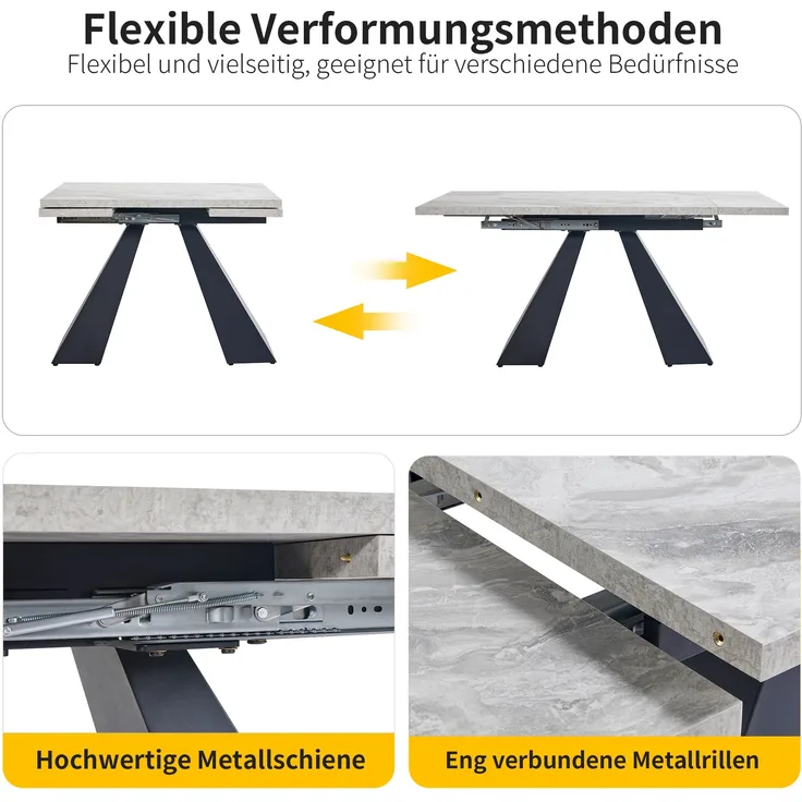 Verlängerbarer Esstisch 99–159 cm, Schwarz & Grau, Carbonstahl-Beine, höhenverstellbar, flexibles Metallschienensystem, rutschfeste Füße, 77cmx99-159cmx74cm