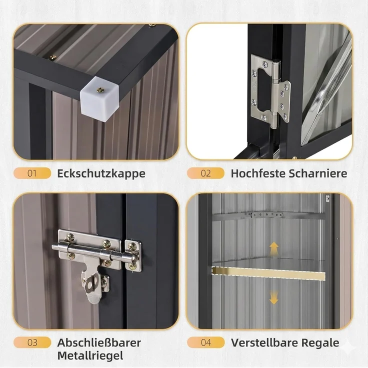 Aoxun Metall-Gerätehaus 88x61x164cm mit 2 verstellbaren Regalböden, Kleiner abschließbarer Werkzeugschrank für Garten, Terrasse & Hof, Braun – Bild 6