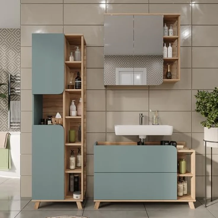 Vichy Badmöbel-Set Karen, 3-teilig, Sonoma/Blau, mit elegantem Waschbeckenunterschrank und geräumigem Spiegelschrank – Bild 3