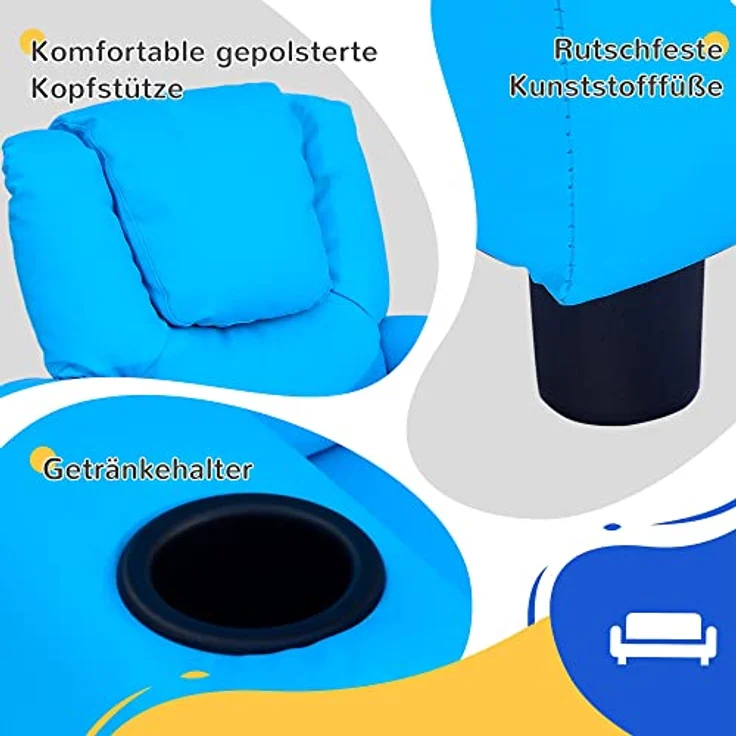 HOMCOM Sessel Kindersessel, Liegefunktion, Eingebauten Becherhalter, Blau (Set, 1-St, Kindersofa für 3-6 Jahre alt), 62B x 52T x 69H cm – Bild 6