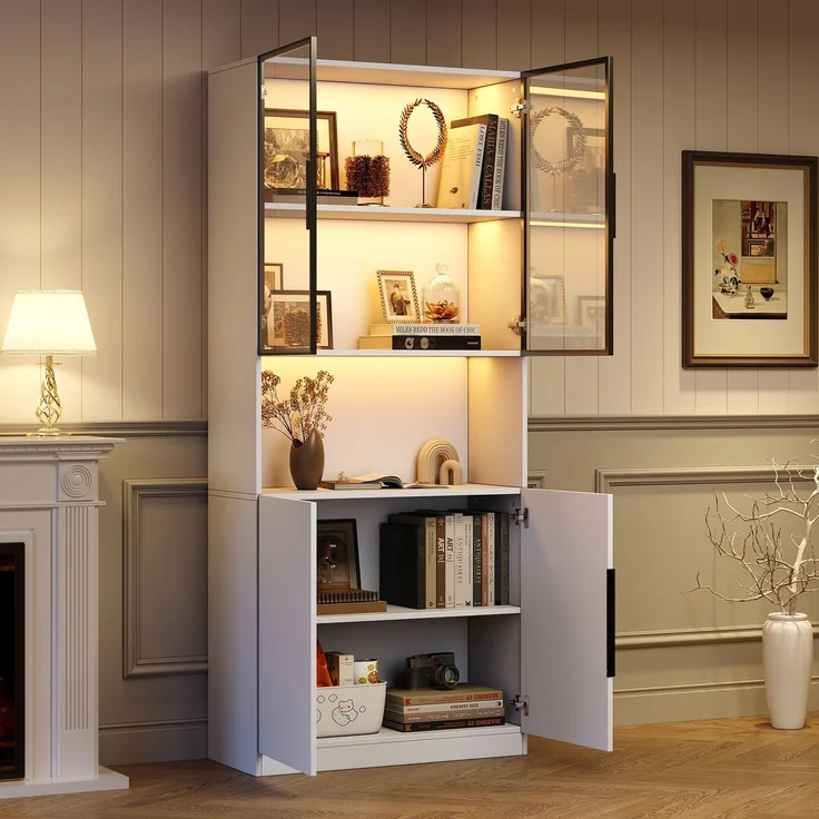 Moderne minimalistische Vitrine mit Glastüren, Vitrine mit LED-Leuchten, Bücherregal für Sammlerstücke, einstellbare Farbtemperatur und Helligkeit, weiße 80*30*200cm--Weiß--94.49x50.8x19.51cm--YOUDENOVA – Bild 5