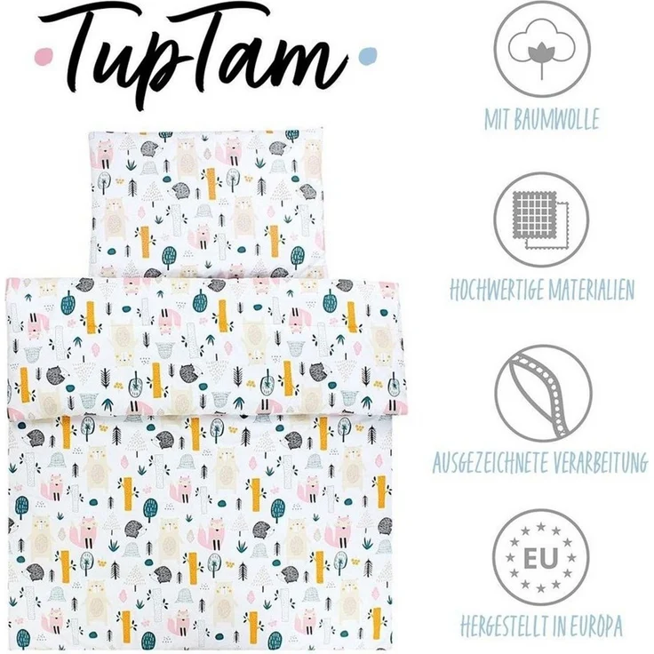 TupTam Kinderbettdecke-Set, Ganzjahresdecke, 2tlg., 1x Bettdecke, 1x Flachkissen, Wald / Beige, 135x100 cm