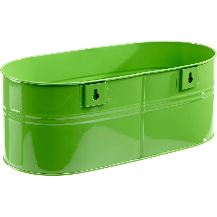 Blumenkasten oval, grün, 39 x 16,5 x 14,5 cm Stahlblech, mit fest montierten Haltern – Bild 2