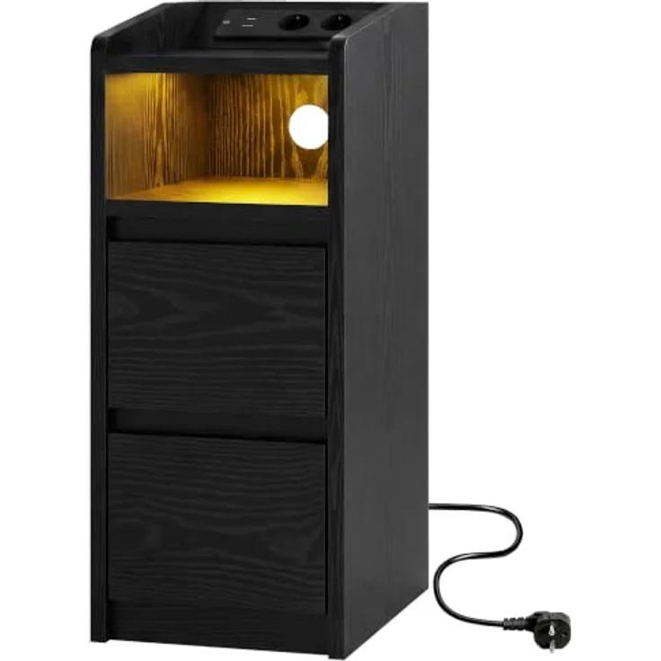 IRONCK Nachttisch 2er Set mit Ladestation und LED (Schwarz) | Weiß Nightstand mit 2 Schubladen, Nachtschrank für Schmale Räume Schlafzimmer, Wohnzimmer, Modern Narrow Bedside Table – Bild 4
