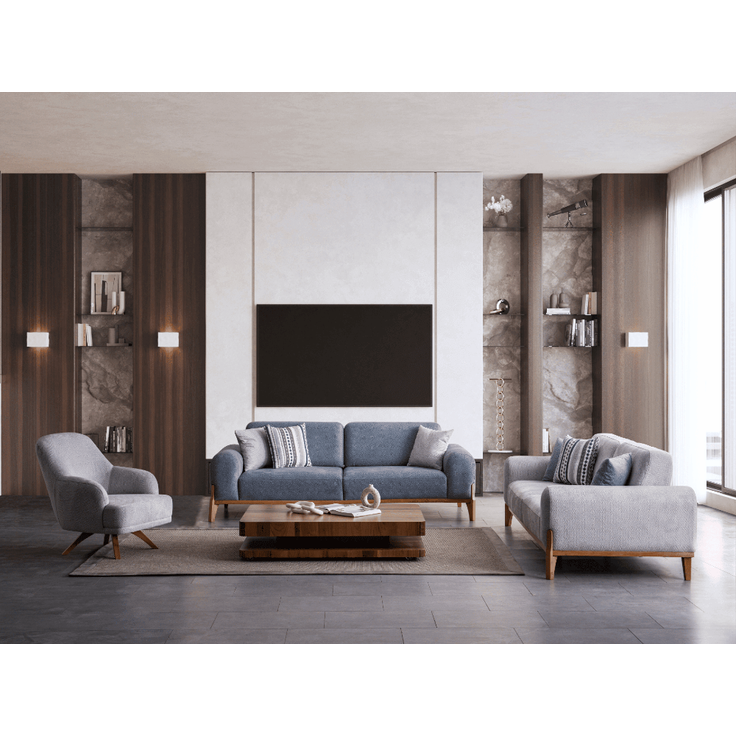 Sitzgruppe/Sofa Set - Wohnzimmergarnitur "Bluebell" 3+3+1+1-Hellblau/Grau