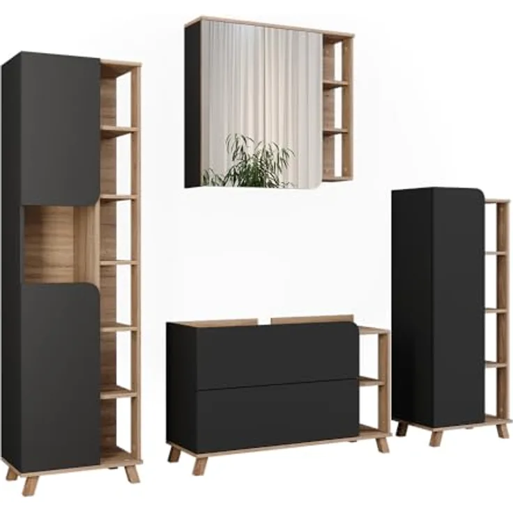 Vichy Badmöbel-Set Karen, Sonoma/Anthrazit, 4-teilig mit Waschbeckenunterschrank und Spiegelschrank, robust und für Selbstmontage geeignet