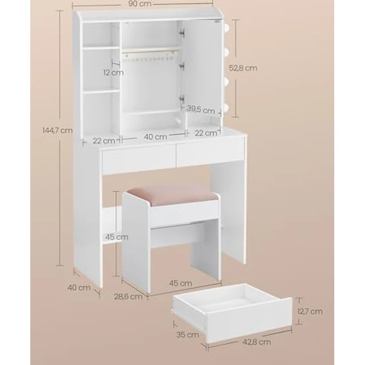 VASAGLE Schminktisch mit Beleuchtung, einstellbare Helligkeit, Hocker, Frisiertisch mit Spiegel, Kosmetiktisch mit verstellbaren Ablagen, 2 Schubladen, modern, wolkenweiß und pastellrosa – Bild 7