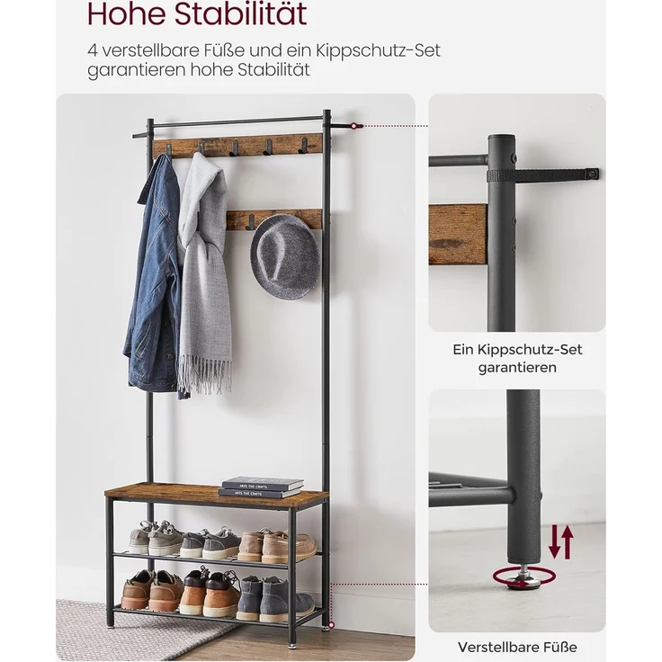 Vasagle Garderobenständer, Kleiderständer mit Schuhablagen, Schuhregal mit Sitzfläche für Flur, mit Haken, Metallrahmen mit matter Oberfläche, von Songmics HSR41BX – Bild 5