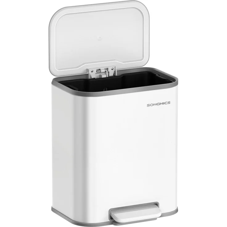 Songmics Mülleimer mit Deckel, Softclose & Offenhaltefunktion,  20 Liter, Stahl, 42,5 x 36,6 x 30 cm, Wolkenweiß – Bild 1