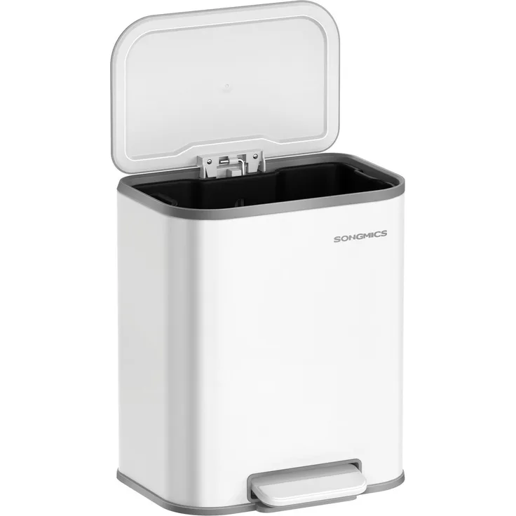 Songmics Mülleimer mit Deckel, Softclose & Offenhaltefunktion,  20 Liter, Stahl, 42,5 x 36,6 x 30 cm, Wolkenweiß