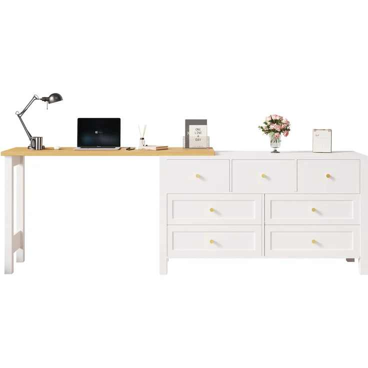 Schreibtisch mit 7-Schubladen Kommode -2-in-1 Drehwerkbank und Sideboard, Eichenoptik, 360° drehbare Tischplatte, weiß / natur, Schreibtisch, Frisiertisch, L-förmiger Eckschreibtisch – Bild 8