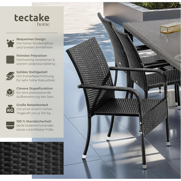 tectake Rattanstuhl Gartenstuhl Girona, stapelbar, Belastbarkeit 120 kg, 58 x 67 x 90 cm (Set, 4 St), Pulverbeschichtetes Stahlgestell für enorme Stabilität – Bild 3