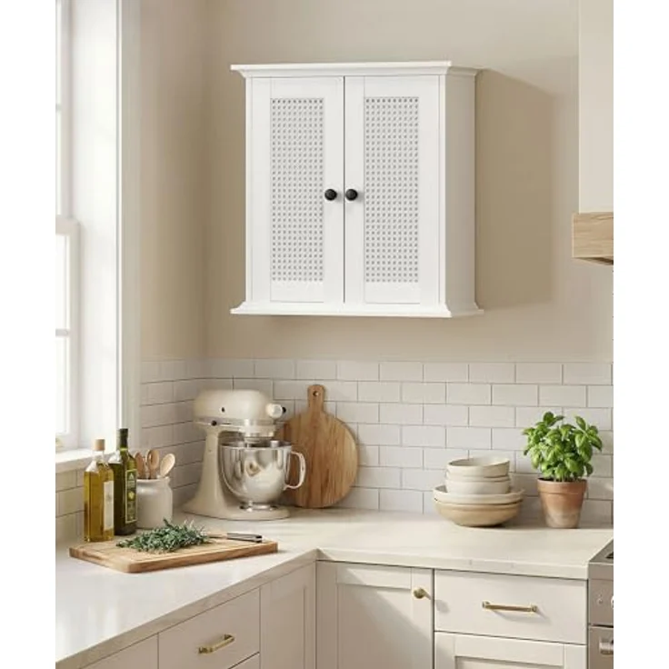 Yorbay Hängeschrank Badezimmerschrank mit Rattanfront (57 x 60 x 22 cm) Weißer Wandschrank mit Doppeltüren & verstellbarem Einlegeboden – Bild 8