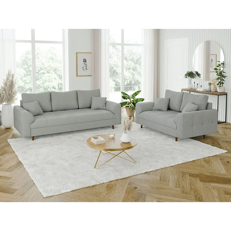 S-Style Möbel Polstergarnitur 3+2 Zara mit Braun Holzfüßen im skandinavischen Stil aus Cord-Stoff, (1x 2-Sitzer-Sofa, 1x 3-Sitzer-Sofa), mit Wellenfederung – Bild 1