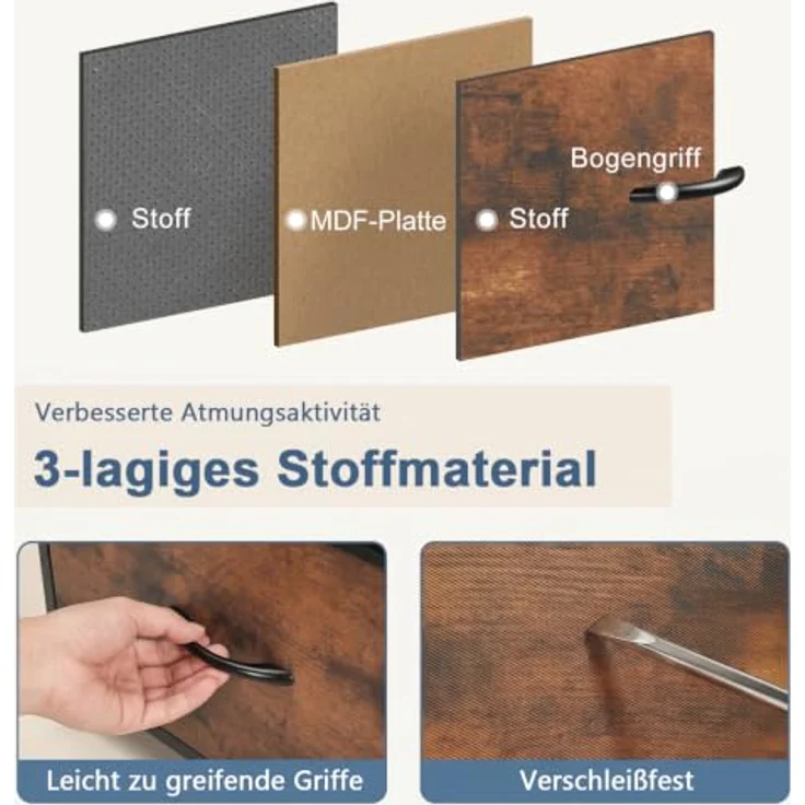 DUMOS Kommode 2er Set für Schlafzimmer mit Stoffschubladen hohe Organizer für Kleidung Schrank Kinderzimmer Aufbewahrungsturm mit Schrank Metallrahmen Holzplatte leichte (Vintagebraun) – Bild 5