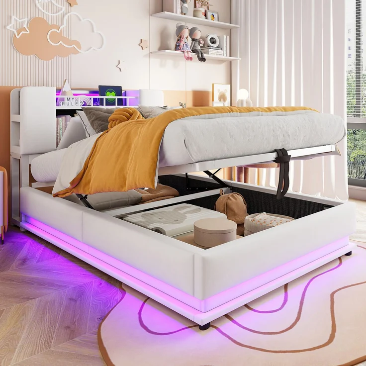 EINHOM Smartes Polsterbett für Kinder 90 x 200 cm, Gepolstert, mit LED-Beleuchtung, USB-Anschluss und Hydraulischem Stauraum, Weichem Samtbezug, Metallrahmen, Beige, (Ohne Matratze) – Bild 3