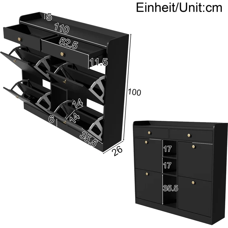 ZUBALIYA Schuhschrank (110 x 26 x 100 cm), 4 Klappfächer und 2 Schubladen, Offener Stauraum, Stauraum für Flur und Eingangsbereich, Schwarz – Bild 6
