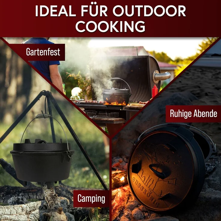 Dutch Oven 12 l ohne Füße aus Gusseisen – vorgebrannt mit Deckelheber & Edelstahl-Untersetzer inkl. Rezeptbuch für Grill Outdoor & Küche – Bild 9