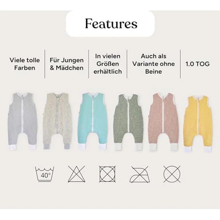 Ehrenkind® Baby Sommerschlafsack mit Füßen Musselin | aus weicher OEKO-TEX zertifizierter Bio-Baumwolle | Sommer Baby Schlafsack 1 TOG Gr. 80 Farbe Natur Regenbogen – Bild 10