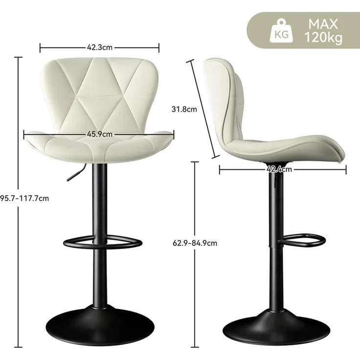 Hawthyhome Barhocker 2er Set Kunstleder Barstuhl Höhenverstellbar 360° Drehbar mit Rückenlehne Weiß – Bild 2