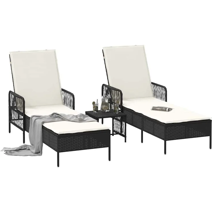 vidaXL Sonnenliege mit Kissen 3 pcs Schwarz und Cremeweiß Poly-Rattan 365432 – Bild 1