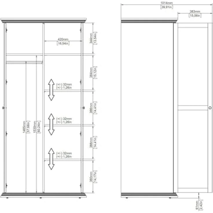 Dmora - Kleiderschrank 2 Türen Daphne, Schlafzimmermöbel, Schrank, Garderobe, 96x63 h200 cm, Weiß – Bild 3