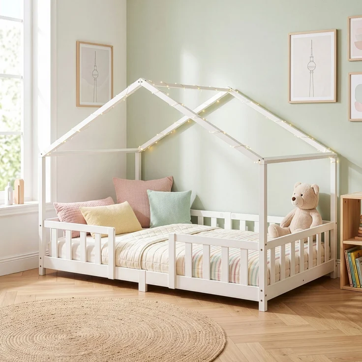 en. casa Kinderbett Treviolo 120x200 cm mit Lattenrost + Gitter Holz Weiß – Bild 6