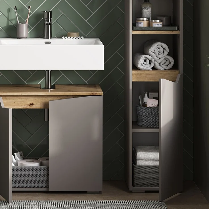 Badschrank Marelle Greige/Artisan 30 x 180 cm mit Türen, und offenen Fächern Vicco – Bild 5