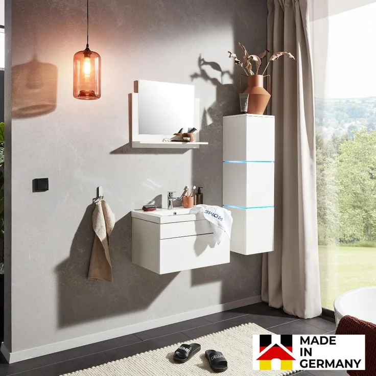 HOME DELUXE Badmöbel-Set 'WANGEROOGE - L' mit LED-Beleuchtung, Weiß