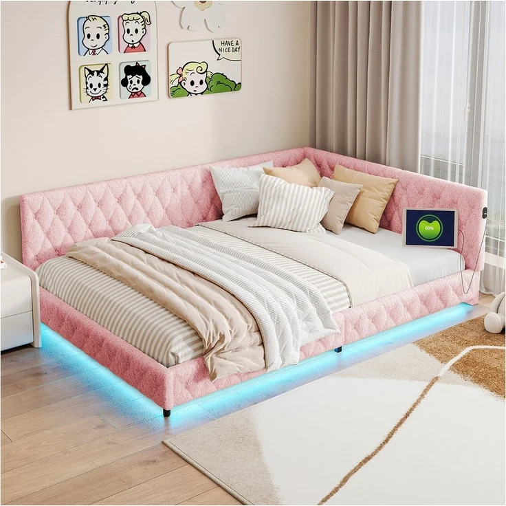 PXloue Polsterbett Daybett Tagesbett, Schlafsofa,Mit LED-Beleuchtung und USB-Ladeanschluss,140x200 cm – Bild 1