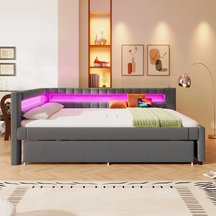 Polsterbett mit Lattenrost, Gästebett, USB und Type-C Anschlüssen, 140x200cm, Schlafsofa, Doppelbett, Leinen – Bild 4