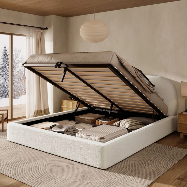 Polsterbett,Doppelbett,180 x 200cm, hydraulisches Funktionsbett,Bett mit Lattenrost, Kopfteil und großem Stauraum, gepolstertes Kopfteil, Beige Bouclé – Bild 3