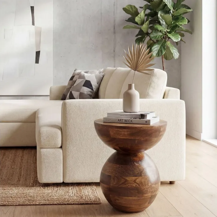 FINEBUY Beistelltisch FB117165 Anstelltisch Mango Massivholz 35 cm Ablagetisch rund modern (Skulpturaler Couchtisch aus massivem Mangoholz), Rundes Design mit glatter Oberfläche