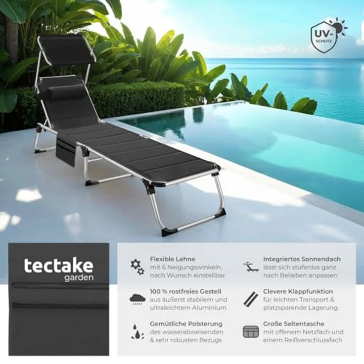 tectake® Sonnenliege mit Dach, Liege klappbar mit Kopfkissen + Seitentasche, zusammenklappbar, leicht tragbar, Strandliege, Liegestuhl klappbar für Garten, Sonnenliege Camping - schwarz – Bild 3