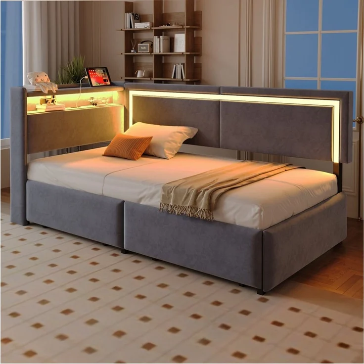 STILVORA Schlafsofa 90x200 mit Matratze und Stauraum Schlafsofa Daybett mit LED und USB, mit LED-Beleuchtung, Kinderbett inklusive Aufbewahrungsschublade, Samtstoff Polsterbett, Daybett 90x200 cm, ohne Matratze – Bild 2