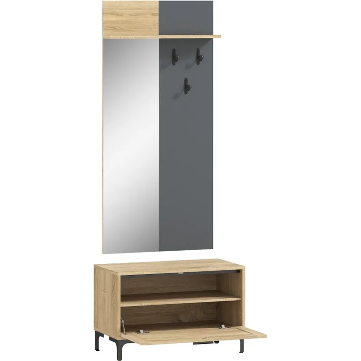 Garderobenset für Eingangsbereich, Schuhbank, Spiegel, 3 Haken, Offenes Regal, Flurmöbel, Naturholz+Grau