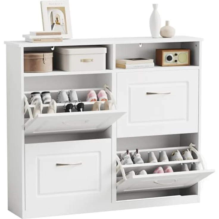 Sweetcrispy Schuhschrank mit 4 Klappen, schmaler Schuhkipper mit offenen Ablagefächern, verstellbare Trennwände, platzsparend für Flur/Diele/Eingang, 104 x 90 x 24 cm, Weiß – Bild 1