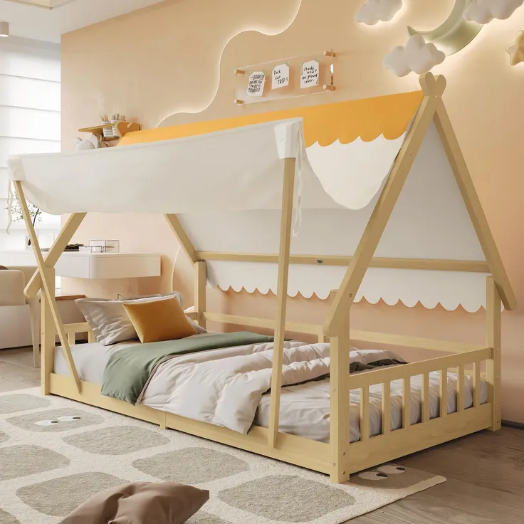 Hausbett mit Lattenrost und Zelt, 90x200 cm, Kinderbett mit Zaun, Holzbett, Einzelbett, Kiefer – Bild 2