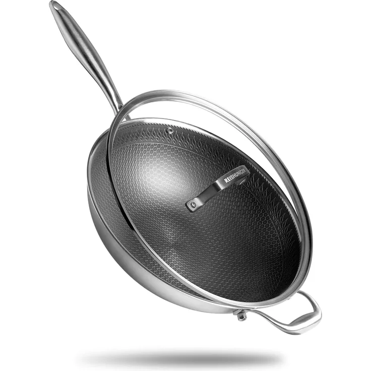 Reishunger Premium Wok aus Edelstahl | 32 cm Durchmesser | Mit Glasdeckel | Für alle Herdarten, Induktionsgeeignet | Wabenstruktur mit Antihaftbeschichtung | Spülmaschinengeeignet, Ofenfest