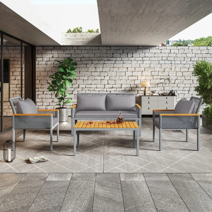 Merax Gartenlounge-Set für 4 Personen, Gartenmöbel Set mit bequemem Kissen, Doppelsofa, 2 Sessel und Tisch, Outdoor, Rattan, Tisch und Stühle, grau – Bild 5