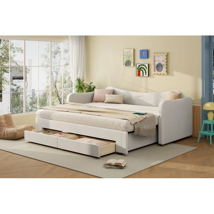ZUBALIYA Schlafsofa 90 x 200 cm mit Schubladen, USB-Anschluss, gepolstertem Kopfteil, Samt, Beige – Bild 21