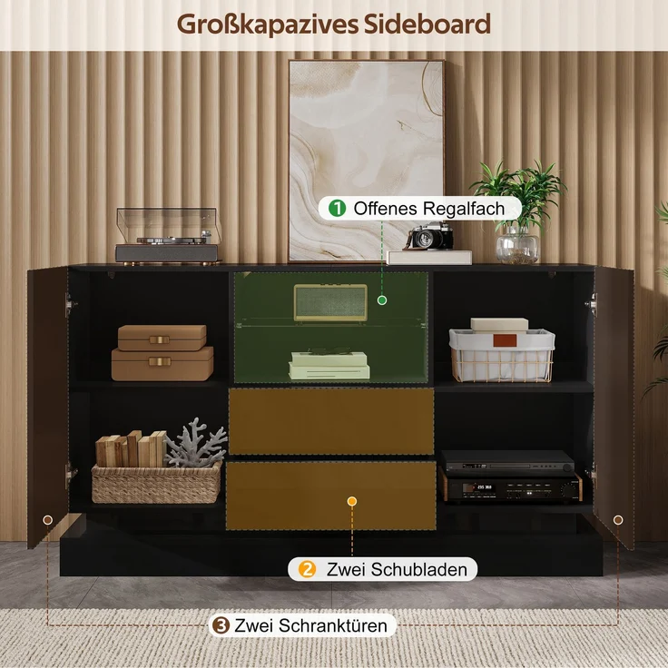 ZUBALIYA Sideboard 140x40x80 cm, mit LED-Beleuchtung, Hochglanz, mit 2 Türen, aus Spanplatte, Schwarz – Bild 15