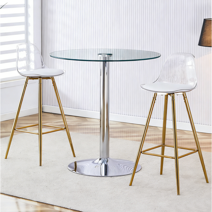 Bartisch-Set mit Glasplatte & 2 Barhockern, Ø 89x92 cm, Gold/Silber/Transparent