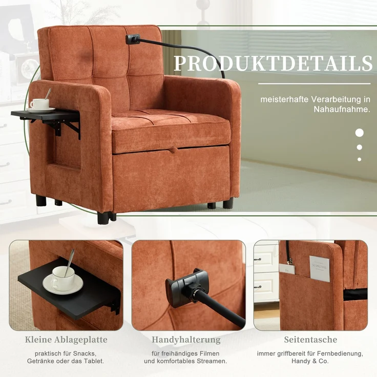 LVHOM Multifunktionaler Schlafsessel mit klappbarer Ablage, Ausziehbares 1-Sitzer Schlafsofa mit Handyhalter und Seitentaschen, Loungesessel, Orange – Bild 4