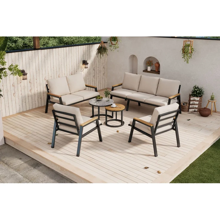 Merax Gartenlounge-Set, Gartenmöbel-Set mit bequemen Kissen, mit 2 Couchtische, Marmor lackierte Glasplatte und Kunststoff-Holzplatte, graubeige – Bild 3