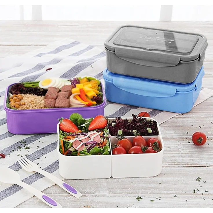 Lunchbox Bento Box Brotdose 3 Fächer Besteck Auslaufsicher Grau – Bild 7
